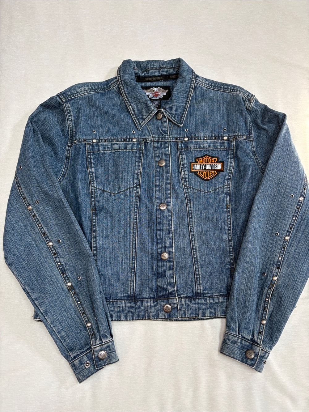 Harley Davidson Jean Jacket with Logo Patch, Embroidery and studs - L/ XL